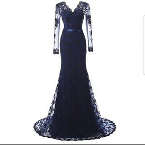 Navy Blue Lace V-Neck Mermaid Dress Evening Gown